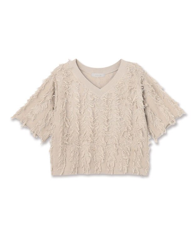 UNFILO L 【一部店舗限定】フリンジニット Vネック グレージュ