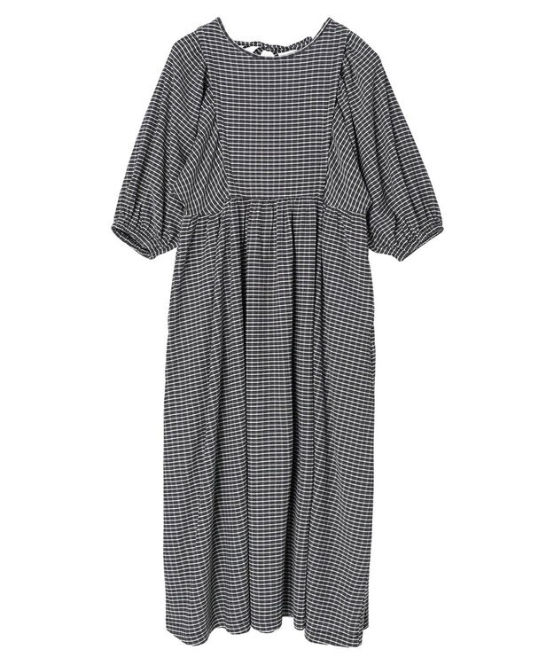 earth music&ecology ボリュームスリーブＣｈｅｃｋワンピース Black