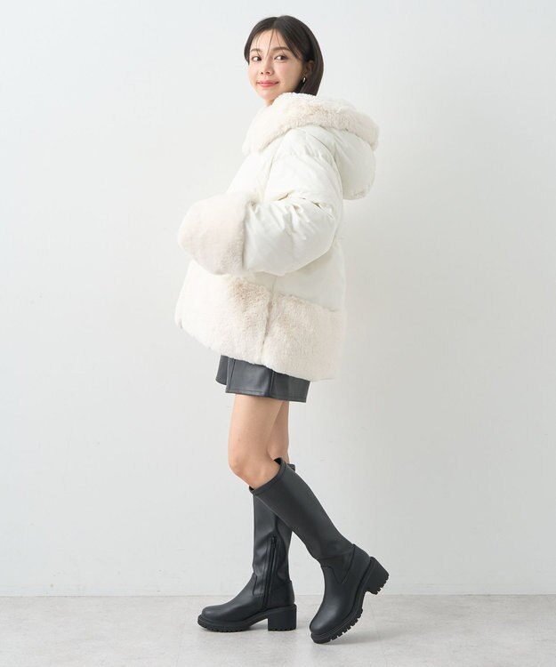 earth music&ecology フードファー中綿ショートコート ホワイト