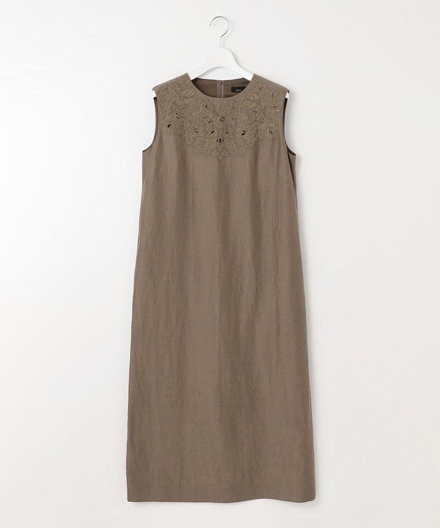 自由区 【洗える】エンブロイダリーノースリーブ ワンピース カーキ