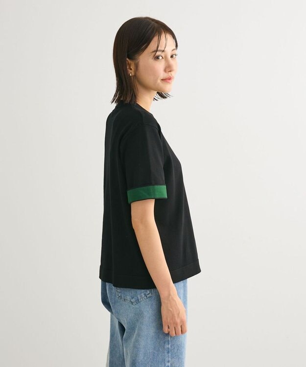 Green Parks 袖裏配色５分袖ニットプルオーバー Black