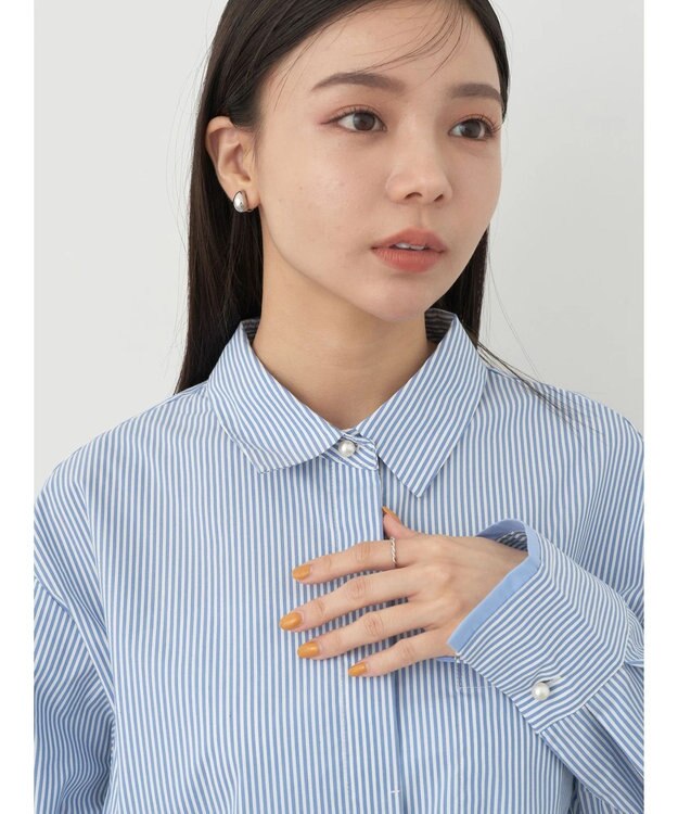 earth music&ecology パールボタンシャツ Stripe Blue