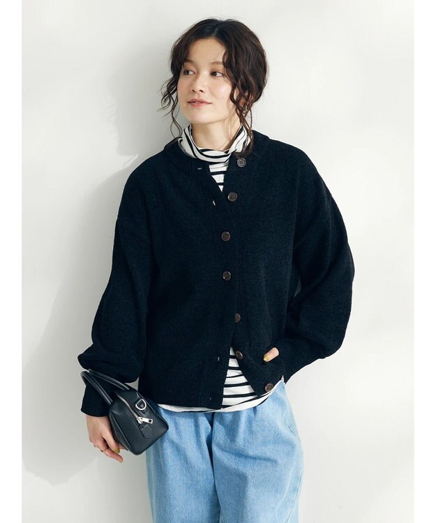 CRAFT STANDARD BOUTIQUE 洗えるコードモールクルーネックカーデイガン Black