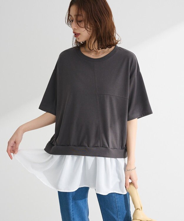 Green Parks 裾フリルドッキング５分袖プルオーバー Charcoal Gray