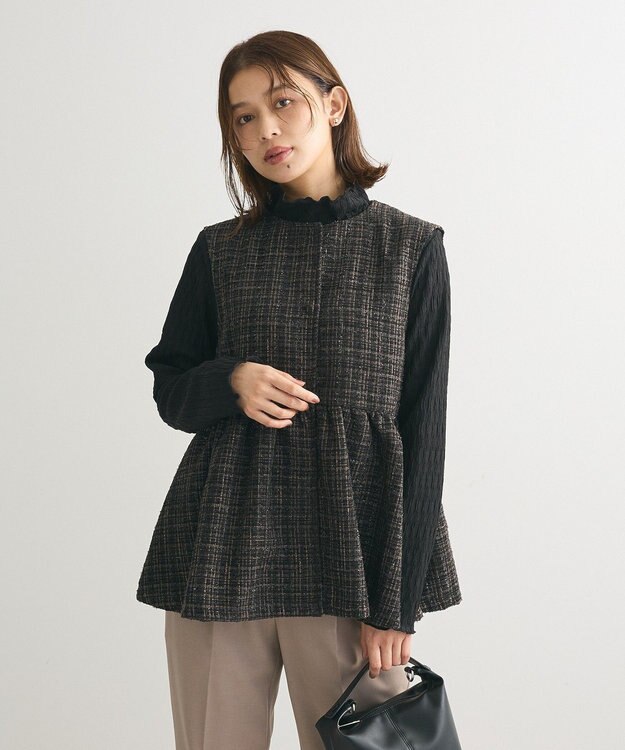 Green Parks ラメツィードペプラムベスト Black