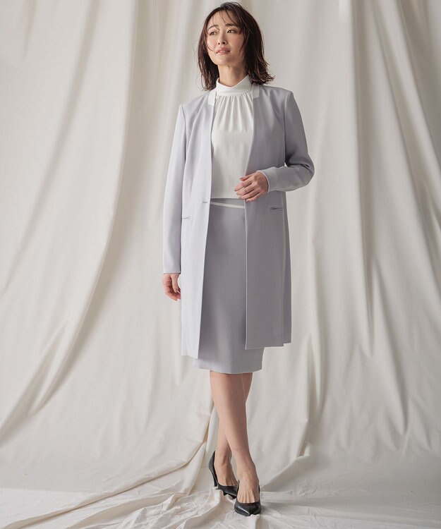 BEIGE， 【L-size】CINDY / ノーカラーロングジャケット Ice blue × White