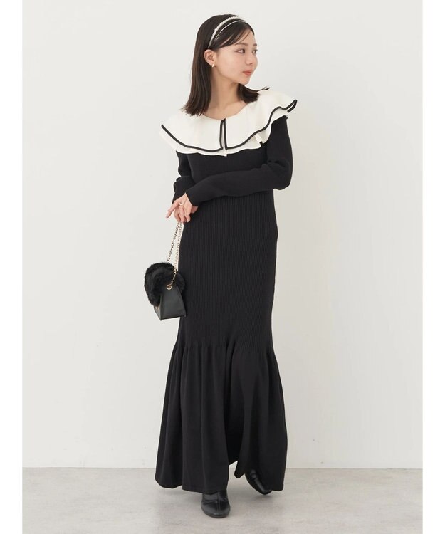 earth music&ecology パイピングフレアカラーニットワンピース Black