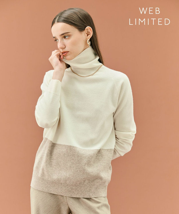 BEIGE， 【WEB限定・洗える】DEMING / バイカラーウールタートルネックニット Off × Taupe