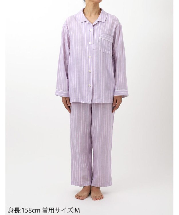 ワコール／睡眠科学 パジャマ 長袖 長ズボン 綿100%(本体) 二重ガーゼ 通気性 上下セット 前開き YDX570 睡眠科学／ワコール パープル