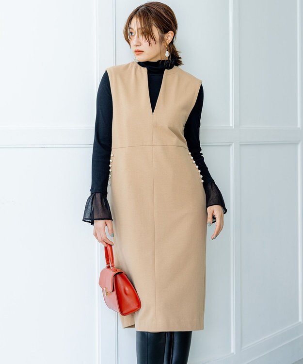 組曲 S 【パール釦付き】 ウールライクジャンパースカート ベージュ系