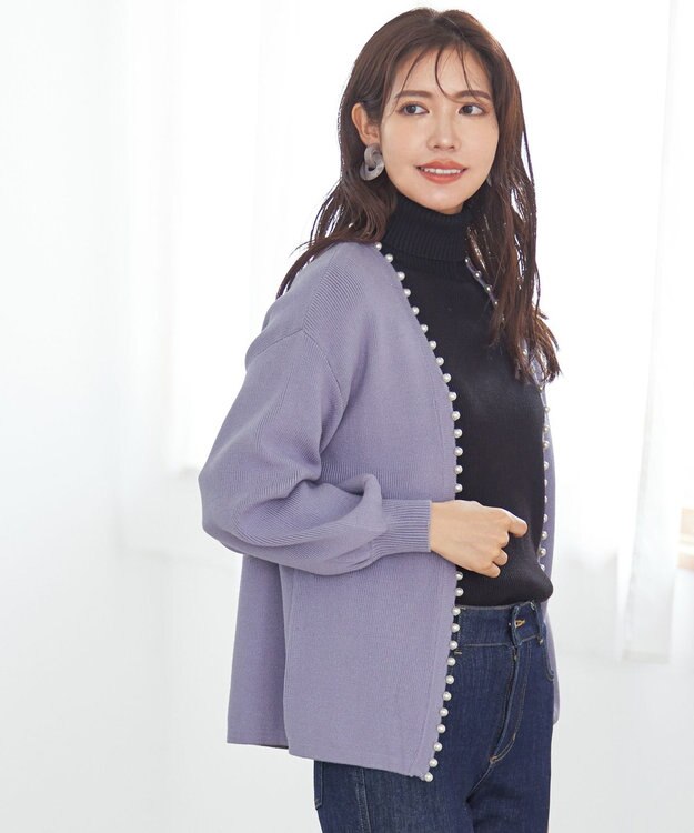 Tiaclasse L 【洗える】パール付きパフスリーブカーディガン ラベンダー
