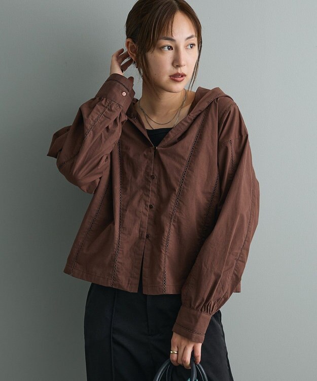 CRAFT STANDARD BOUTIQUE 梯子レースフード付きブラウス Brown