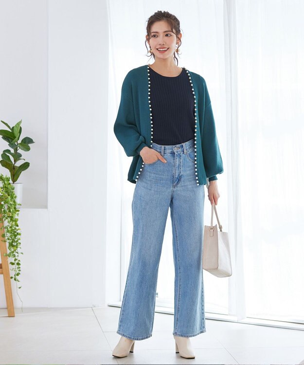 Tiaclasse 【洗える】パール付きパフスリーブカーディガン ターコイズ