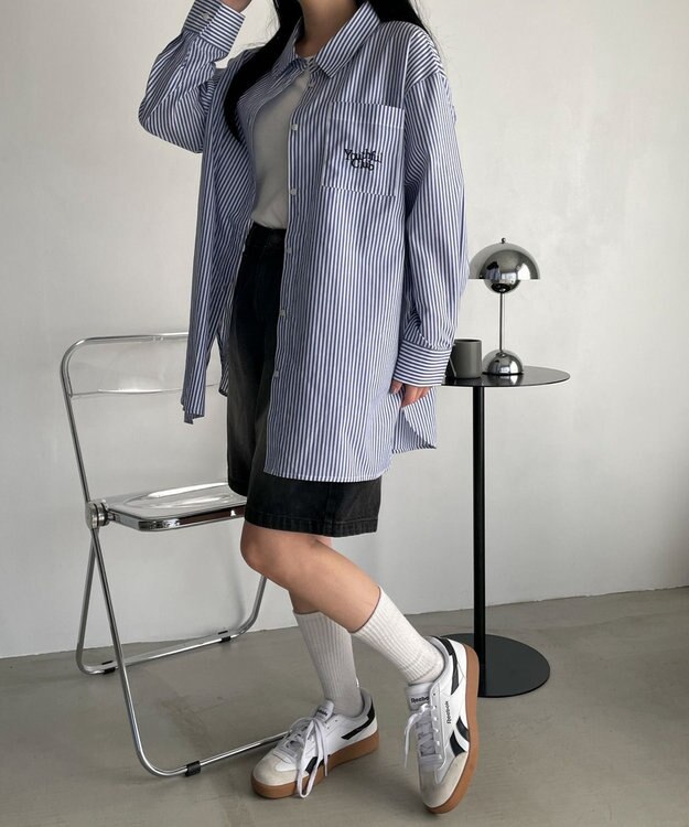 WEGO 【冷房対策】刺繍ストライプBIGシャツ ブルー