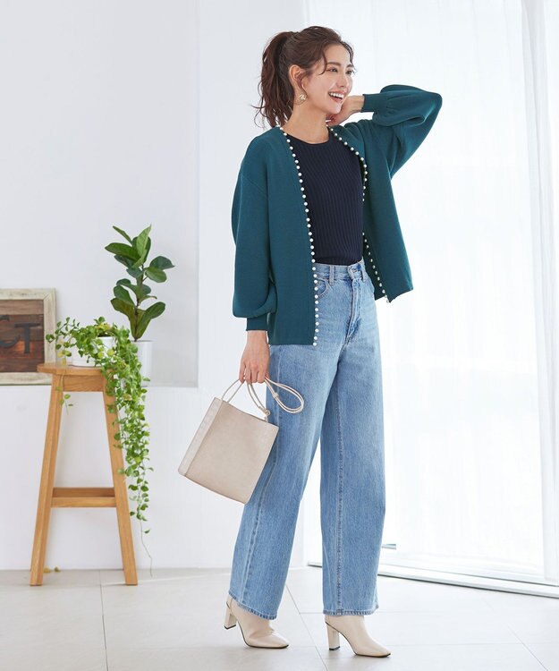 Tiaclasse 【洗える】パール付きパフスリーブカーディガン ターコイズ