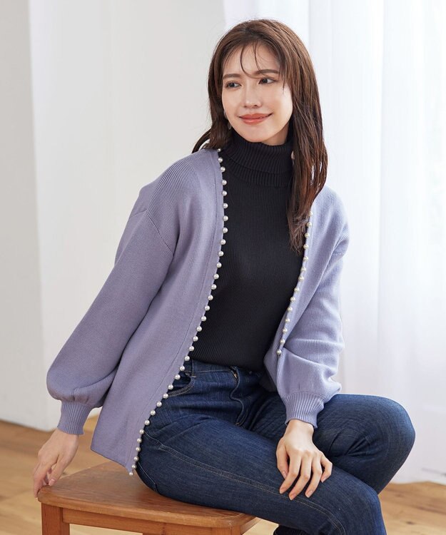 Tiaclasse 【洗える】パール付きパフスリーブカーディガン ラベンダー