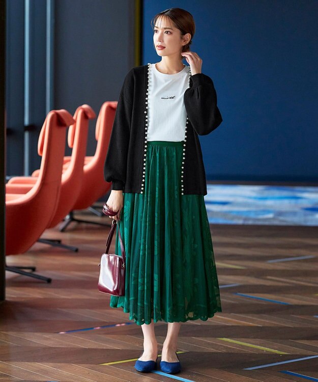 Tiaclasse 【洗える】パール付きパフスリーブカーディガン ブラック