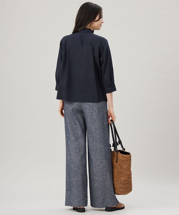 自由区 【洗える】コットンリネンシャンブレーワイドストレート パンツ インディゴ系