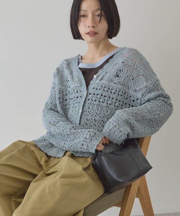 AMERICAN HOLIC 【前後2WAY】レース透かし編みニットカーディガン Sax