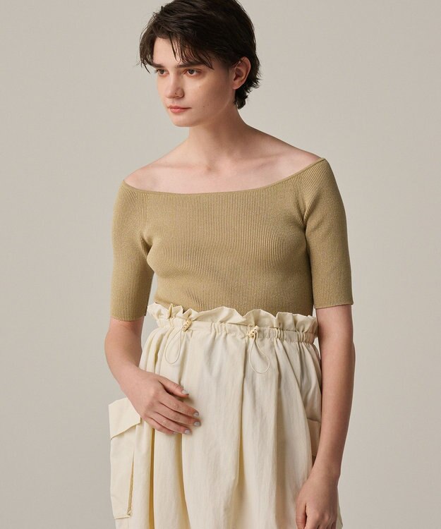 uncrave 【ご好評につき追加生産】ドライタッチ ニット オフショル トップス（uncrave WHITE） サンドベージュ×ゴールド