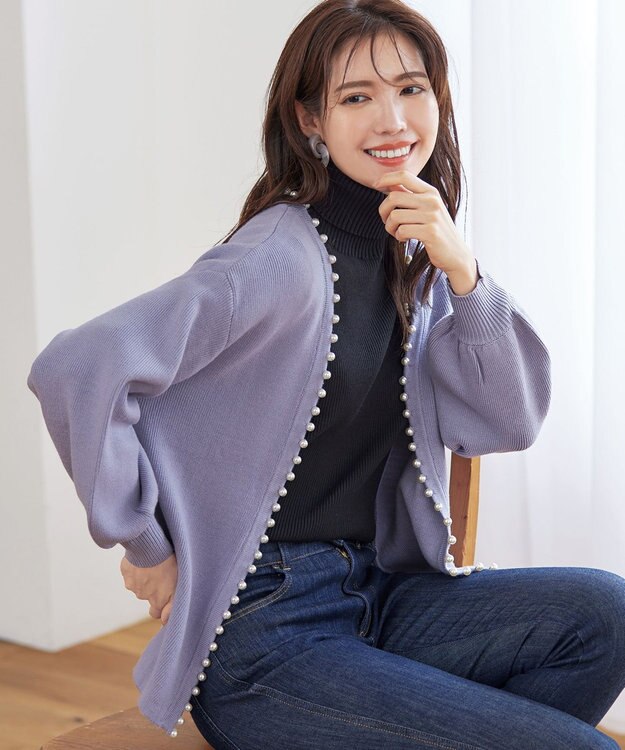 Tiaclasse 【洗える】パール付きパフスリーブカーディガン ラベンダー