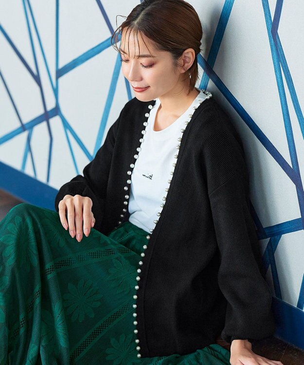 Tiaclasse L 【洗える】パール付きパフスリーブカーディガン ブラック