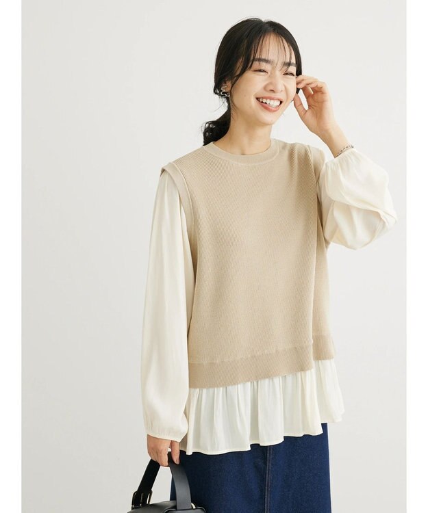 Green Parks とろみ布帛ドッキングニットチュニック Beige