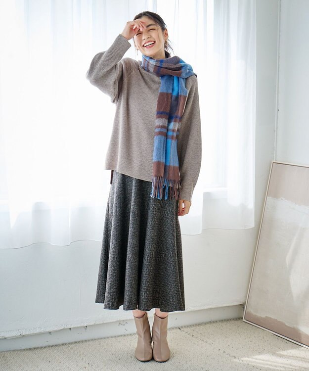 ANY 【ウエストゴム】ループツイードヘリンボーンフレアスカート ブラックベース