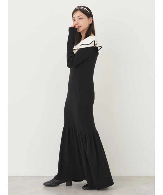 earth music&ecology パイピングフレアカラーニットワンピース Black