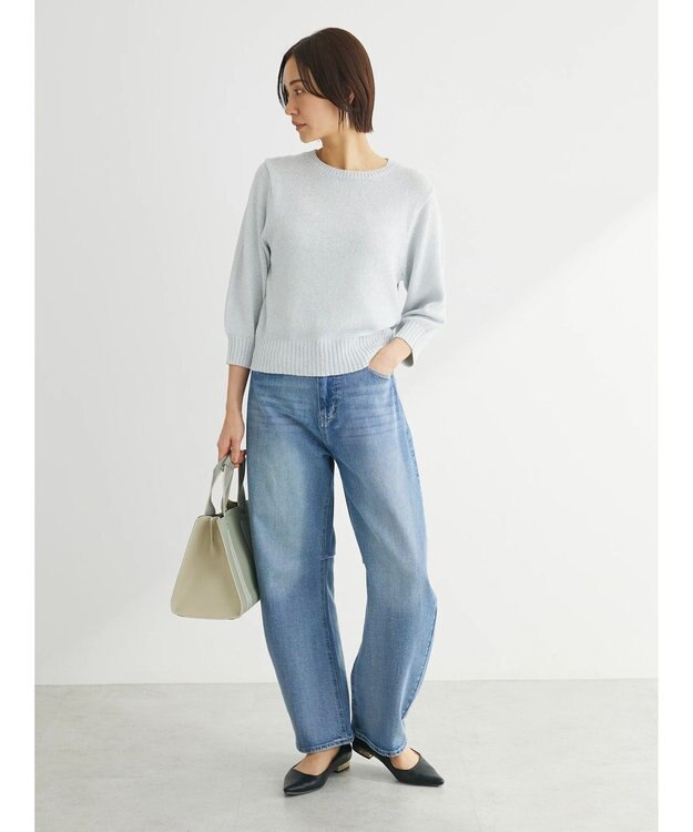 Green Parks ラメ５分袖コンパクトニットプルオーバー Silver