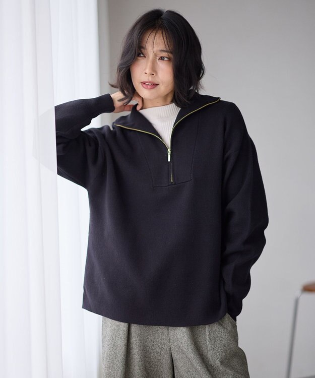 ANY スウェットライクハーフジップニット ブラック