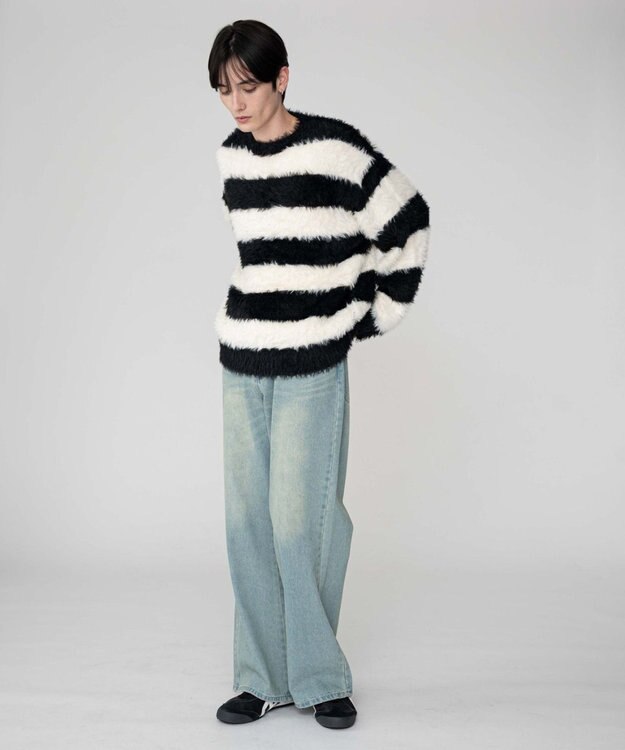 WEGO 【2025秋冬新作/ユニセックス着用ITEM/MLサイズ展開】フェザーニットプルオーバー ホワイトボーダー