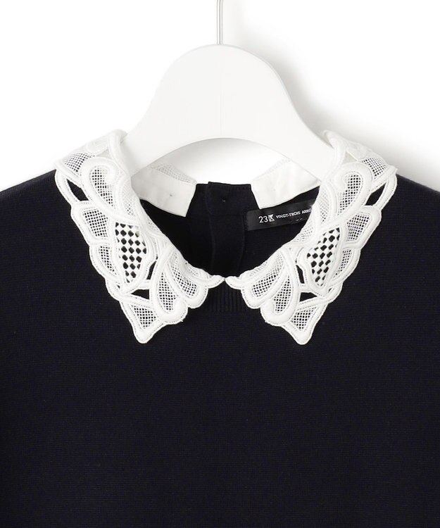 23区 S 【洗える/吊り干しOK】ヴィスコースストレッチ レース襟 ワンピース ネイビー系