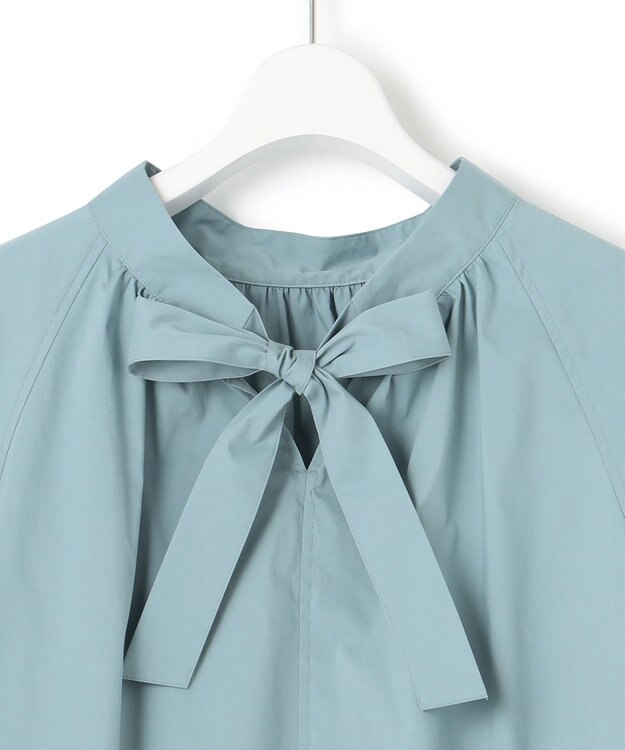 23区 L 【一部店舗限定/洗える】ハイカウントウェザーストレッチ ボウタイ付き ランタンスリーブ ブラウス ターコイズブルー系