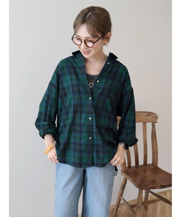 AMERICAN HOLIC イージーケアバックタックシャツ Check Green