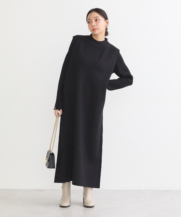 earth music&ecology Ｓｅｔ２点ハイネックプルオーバー＋ニットワンピース Black