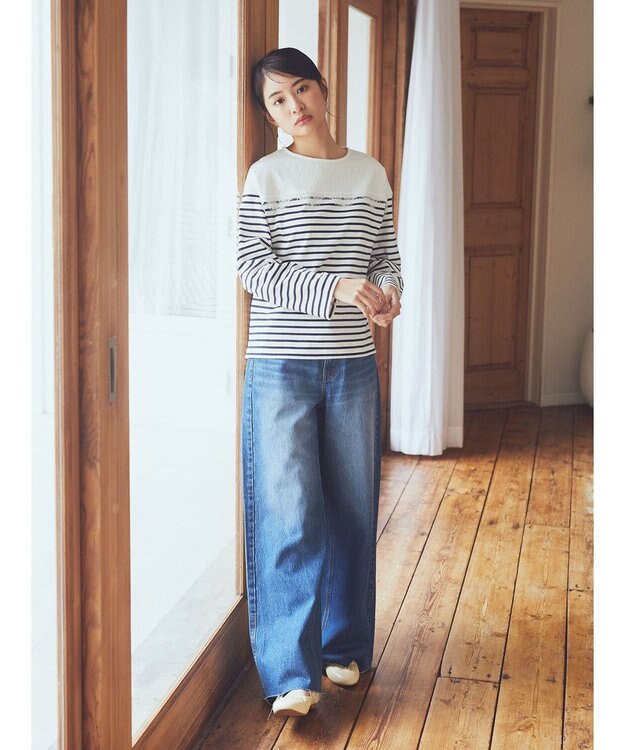 earth music&ecology レースボーダーカットソープルオーバー Navy