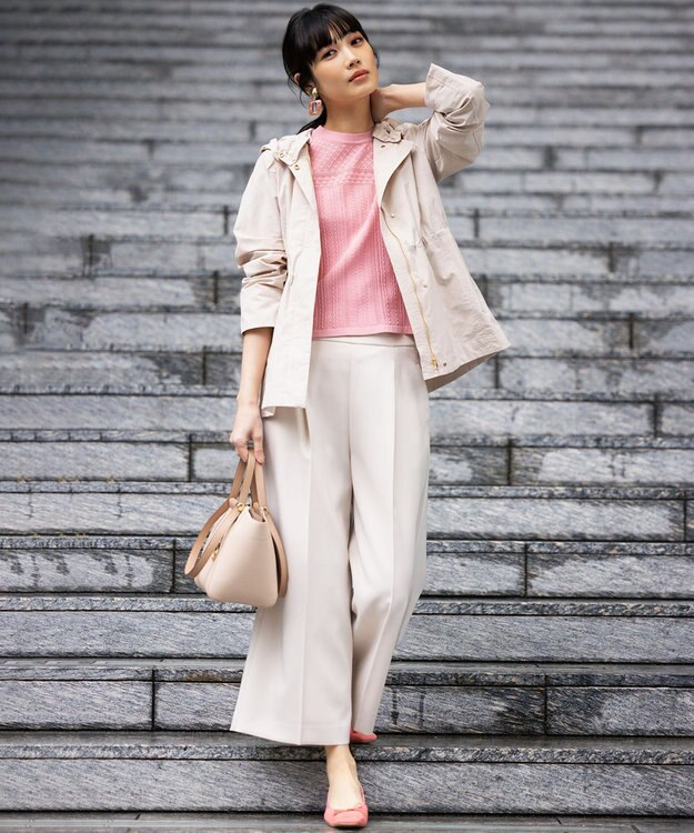 組曲 L 【WEB限定】編地切り替え 半袖ニット ピーチ系