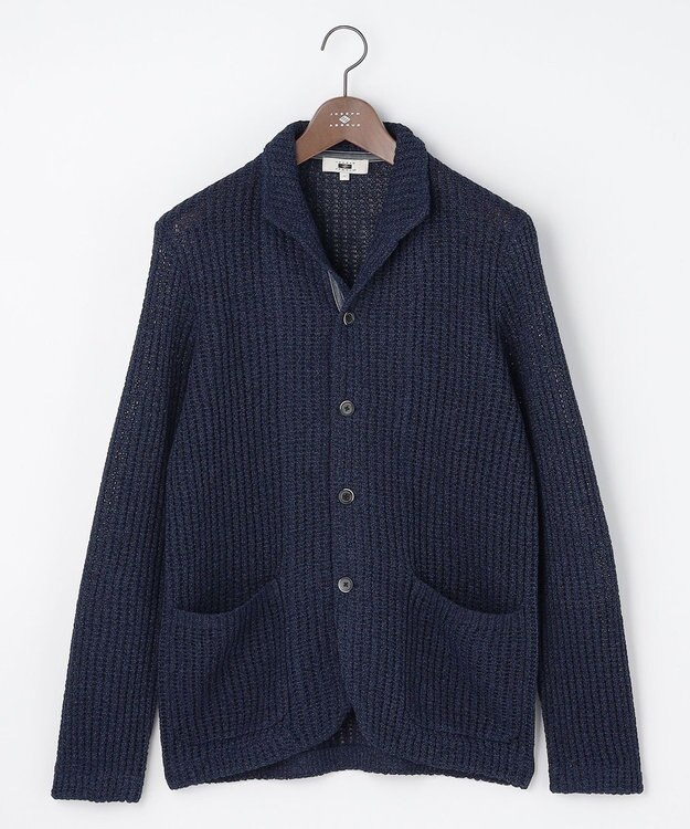 JOSEPH ABBOUD 【エコ素材和紙使用・日本素材】和紙杢メッシュクルーネック ニットジャケット ネイビー系