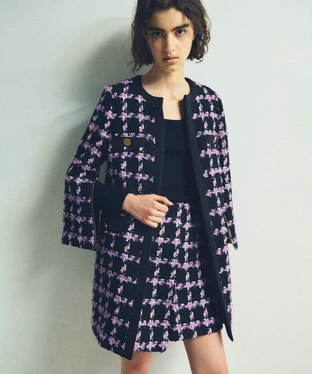 GRACE CONTINENTAL フェザーチェックツイードコート パープル