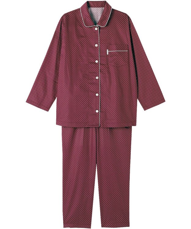 ワコール／睡眠科学 パジャマ 長袖 長ズボン 綿100%(本体) サテン生地 光沢感 なめらかな肌ざわり 上下セット 前開き YDX536 睡眠科学／ワコール エンジ