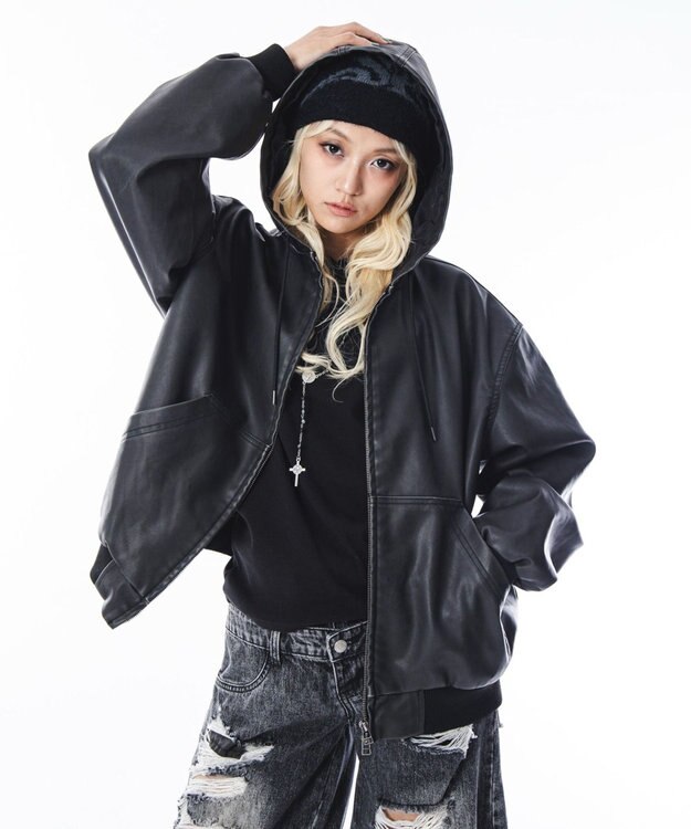 WEGO 【ユニセックス着用ITEM】PUフードブルゾン ブラック