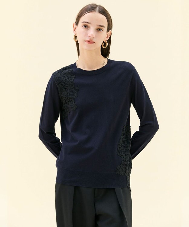 BEIGE， 【ご好評により新色追加！洗える】WILLOW / アシンメトリーレースクルーネックニット Navy×Black