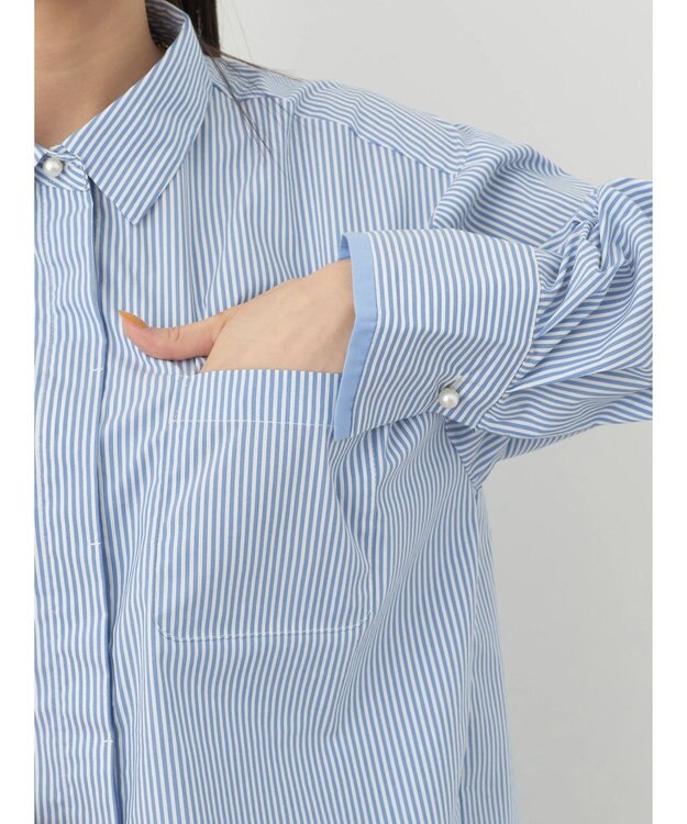 earth music&ecology パールボタンシャツ Stripe Blue