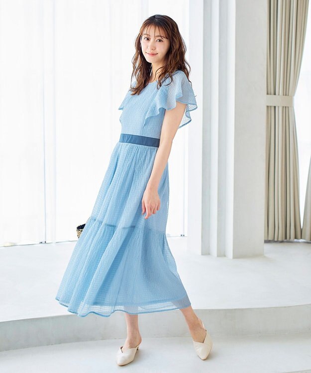 Tiaclasse L 【洗える】シフォンチェック配色フリルワンピース サックス×ブルー