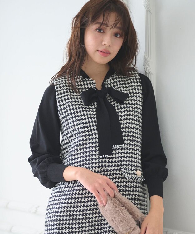 Feroux 【洗える】プチパールボウタイ ニット ブラック系