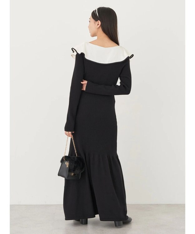 earth music&ecology パイピングフレアカラーニットワンピース Black