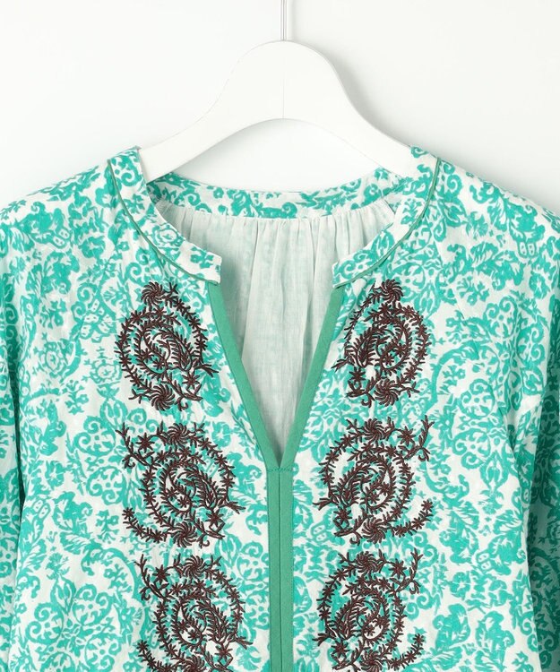 自由区 S ダマスクプリントエンブロイダリー ワンピース グリーン×イエロー刺繍