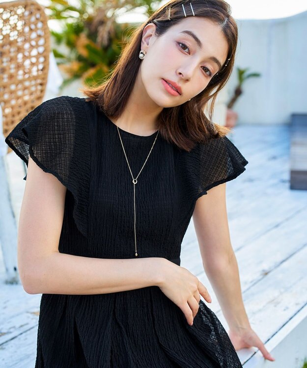 Tiaclasse 【洗える】シフォンチェック配色フリルワンピース ブラック×ブラック