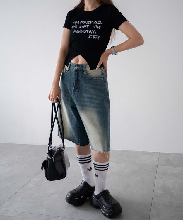 WEGO ウオッシュドデニムハーフパンツ デニム中濃色